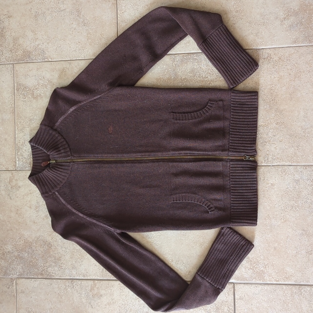 Roots zip up sweater with elbow patches